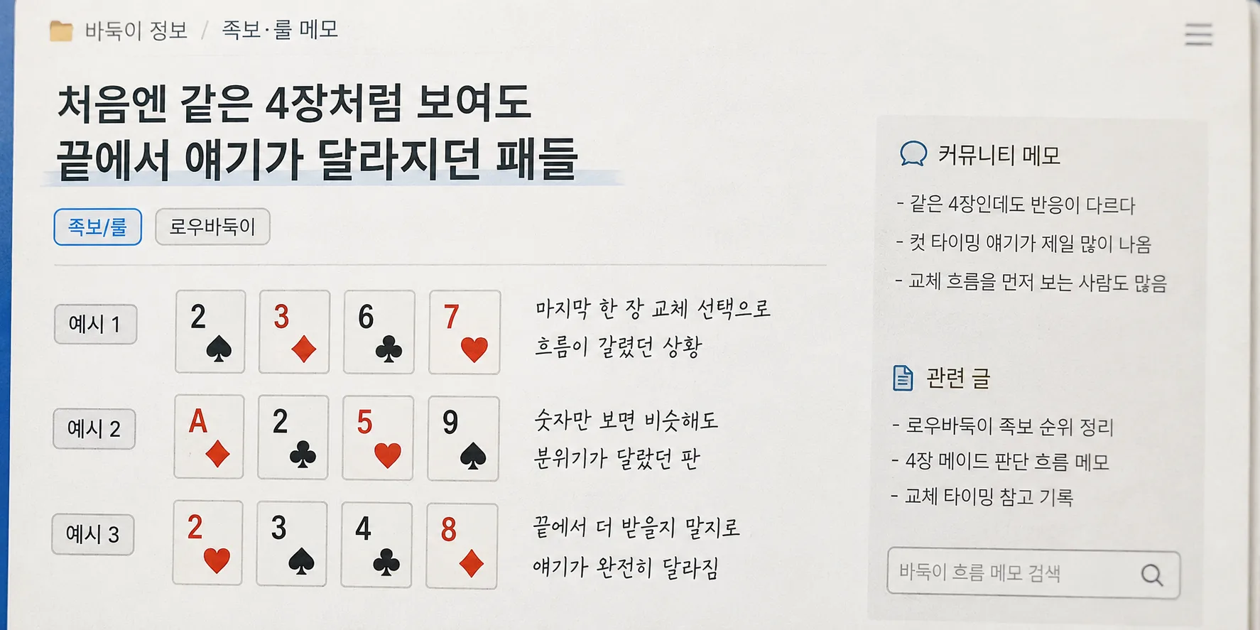 처음엔 같은 4장처럼 보여도 끝에서 얘기가 달라지던 패들 바둑이 정보 썸네일